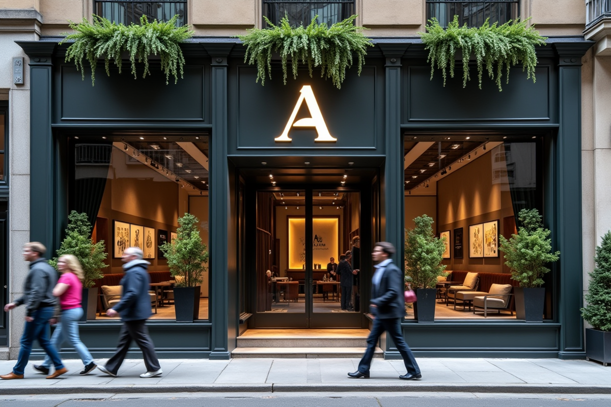 Vitrine de boutique avec logo A dans un quartier urbain