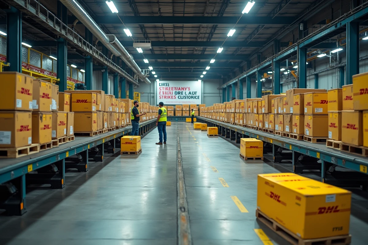 Entrepôt de tri DHL à l'arrêt pendant une grève avec des colis non traités empilés sur des palettes et des employés inactifs