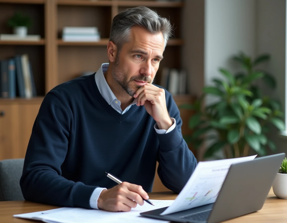 Entrepreneur analysant des retours consommateurs et une carte d'expérience de marque RSE dans un bureau minimaliste à domicile