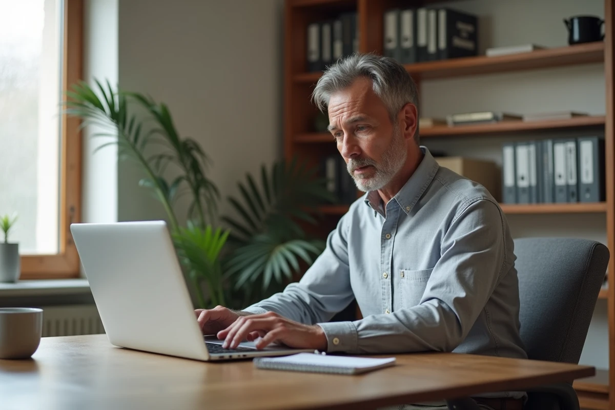 Entrepreneur travaillant seul sur un outil d'automatisation marketing et de génération de leads depuis son bureau à domicile