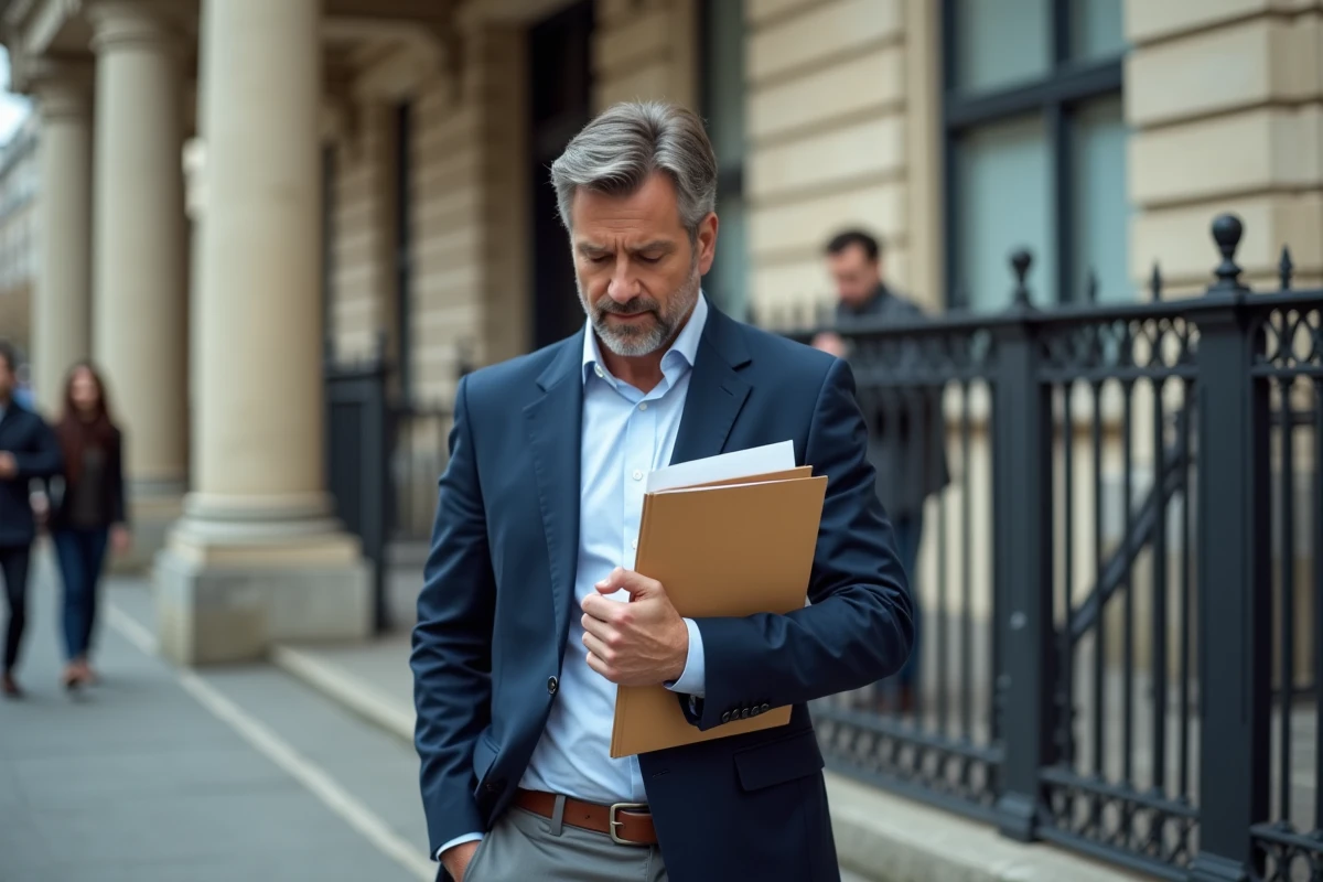 Entrepreneur devant un bâtiment administratif tenant un dossier d'immatriculation d'entreprise