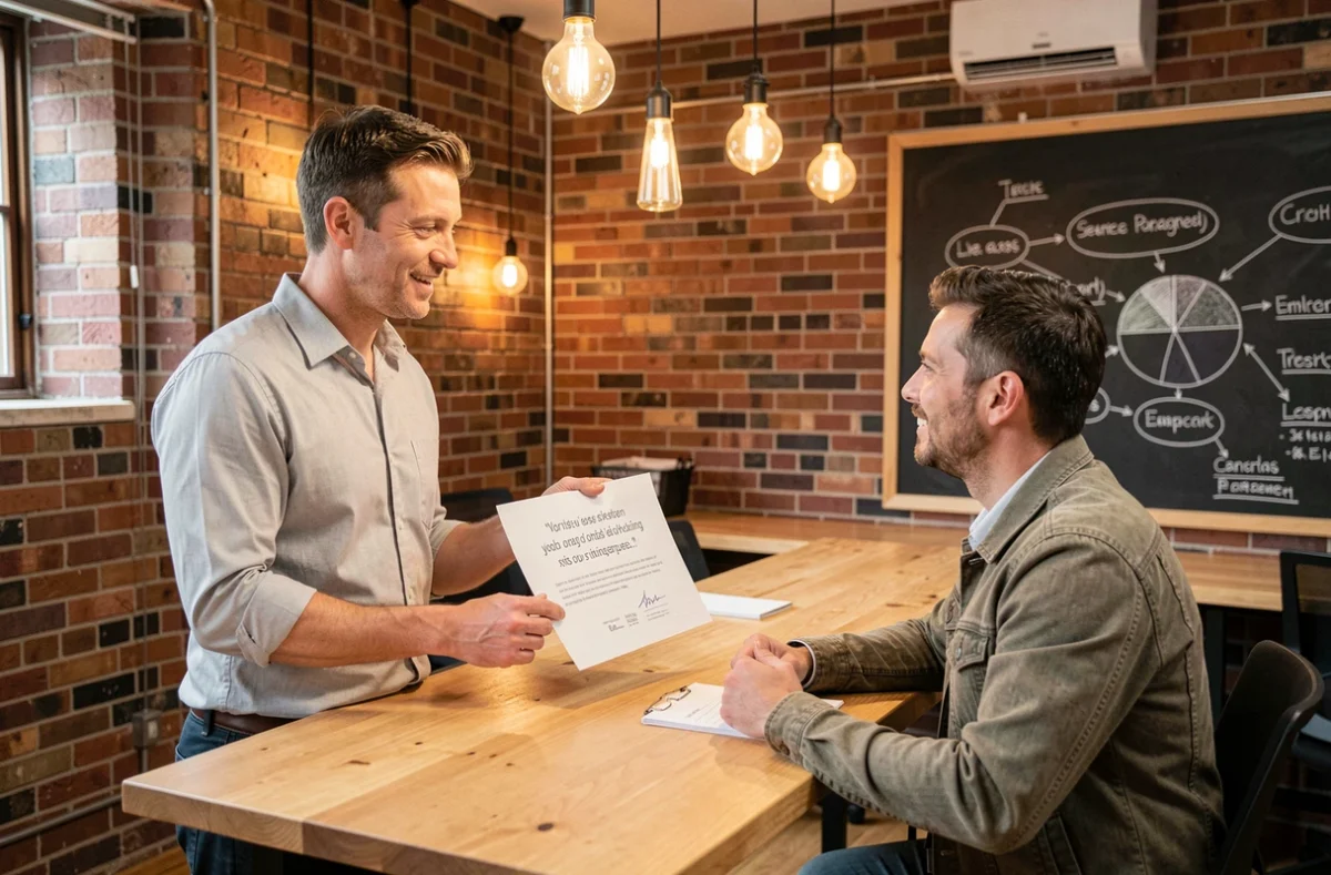 Entrepreneur masculin présentant un devis commercial à un client dans un espace de coworking avec murs en briques