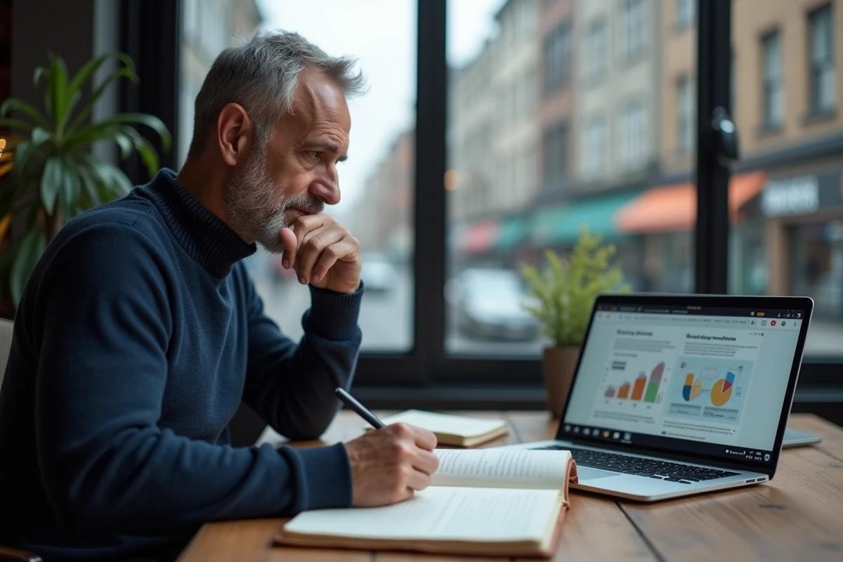 Entrepreneur réfléchissant à sa stratégie de croissance durable devant un ordinateur portable et un journal personnel