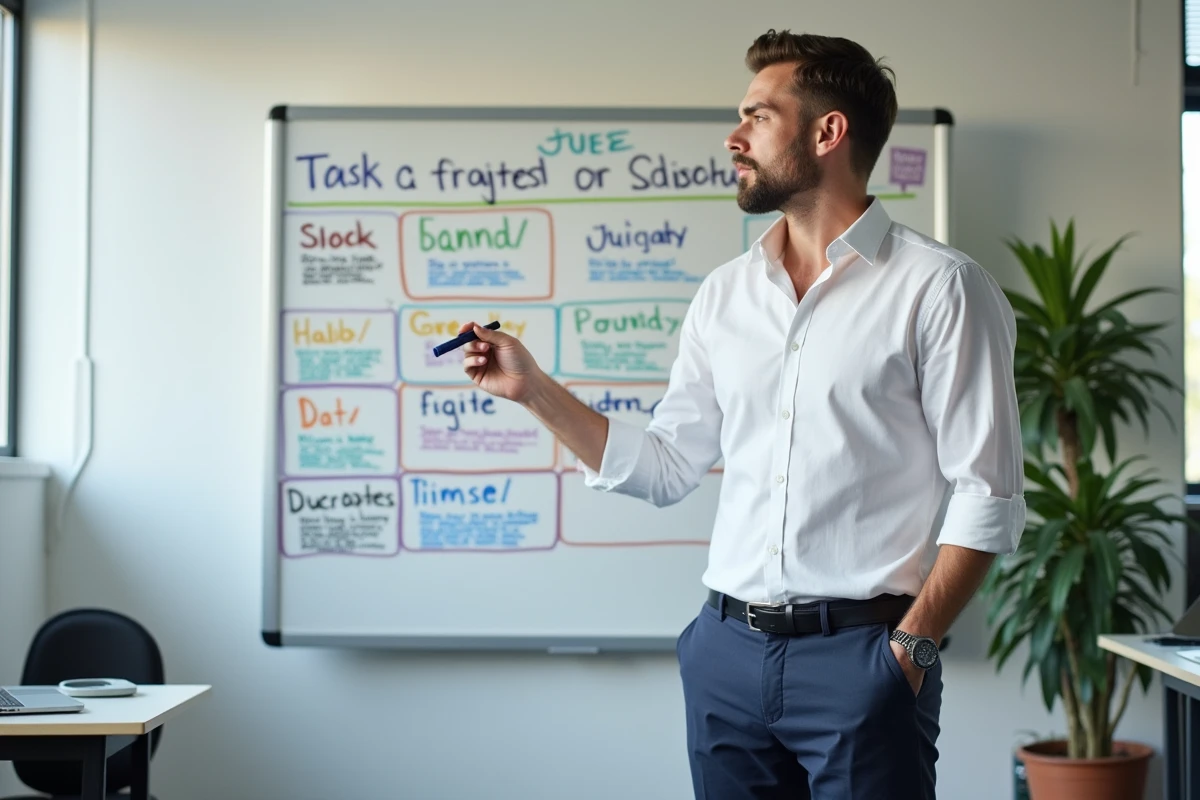Entrepreneur d'une TPE présentant un planning hebdomadaire sur tableau blanc avec des catégories de tâches colorées