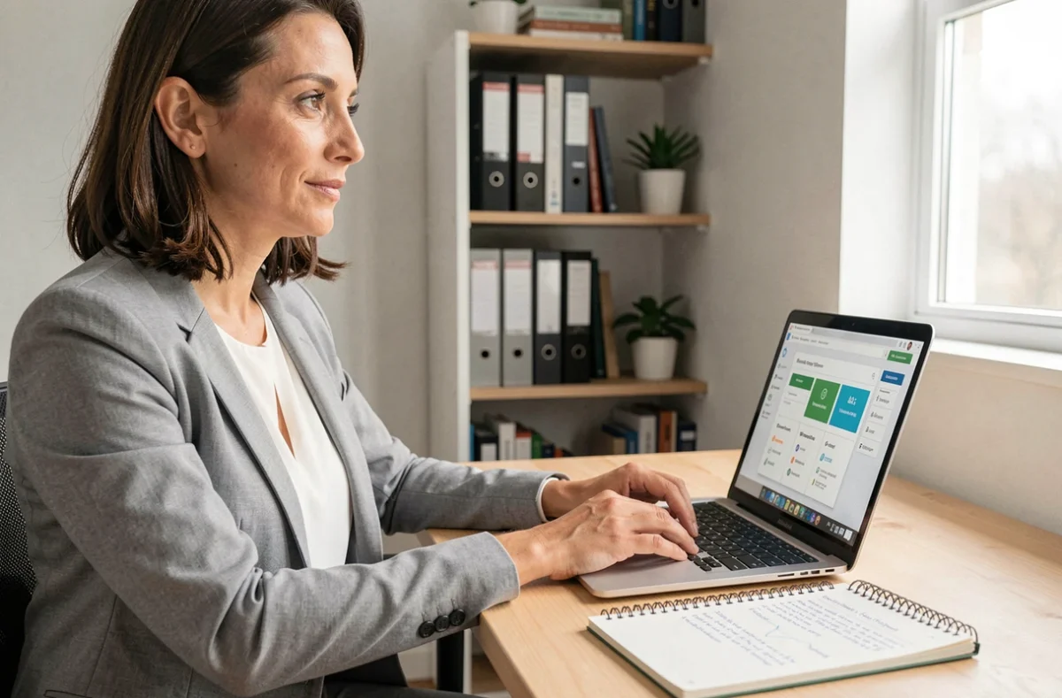 Entrepreneuse du secteur BTP travaillant seule sur une plateforme en ligne de développement et structuration de son entreprise de rénovation depuis son bureau à domicile