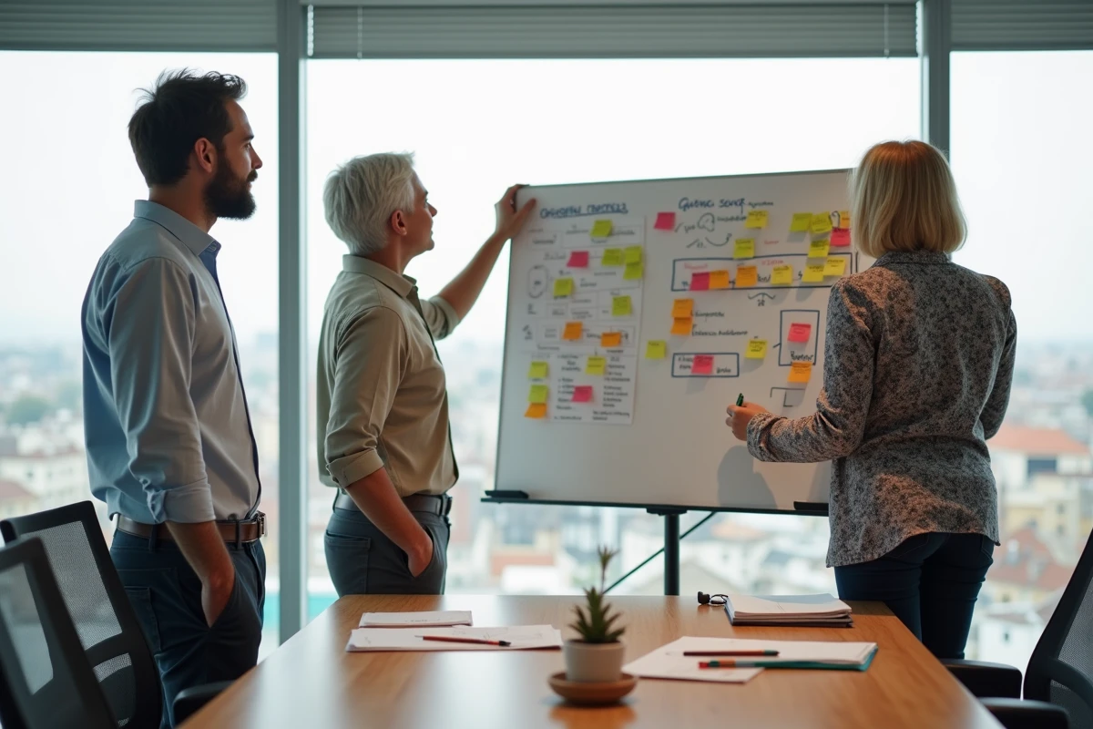 Équipe d'une agence digitale lyonnaise en réunion de stratégie marketing externalisée