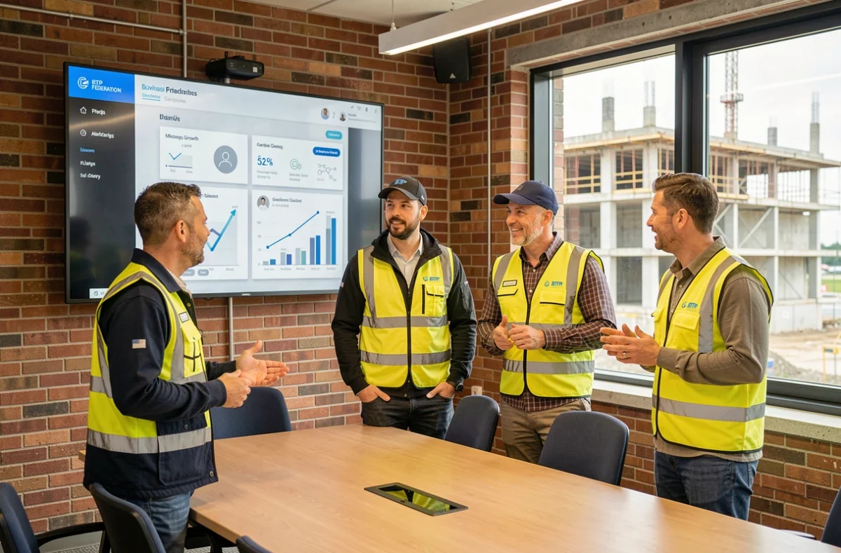 Équipe de professionnels BTP en réunion autour d'un écran tactile présentant une plateforme de structuration et de croissance pour entreprises du bâtiment
