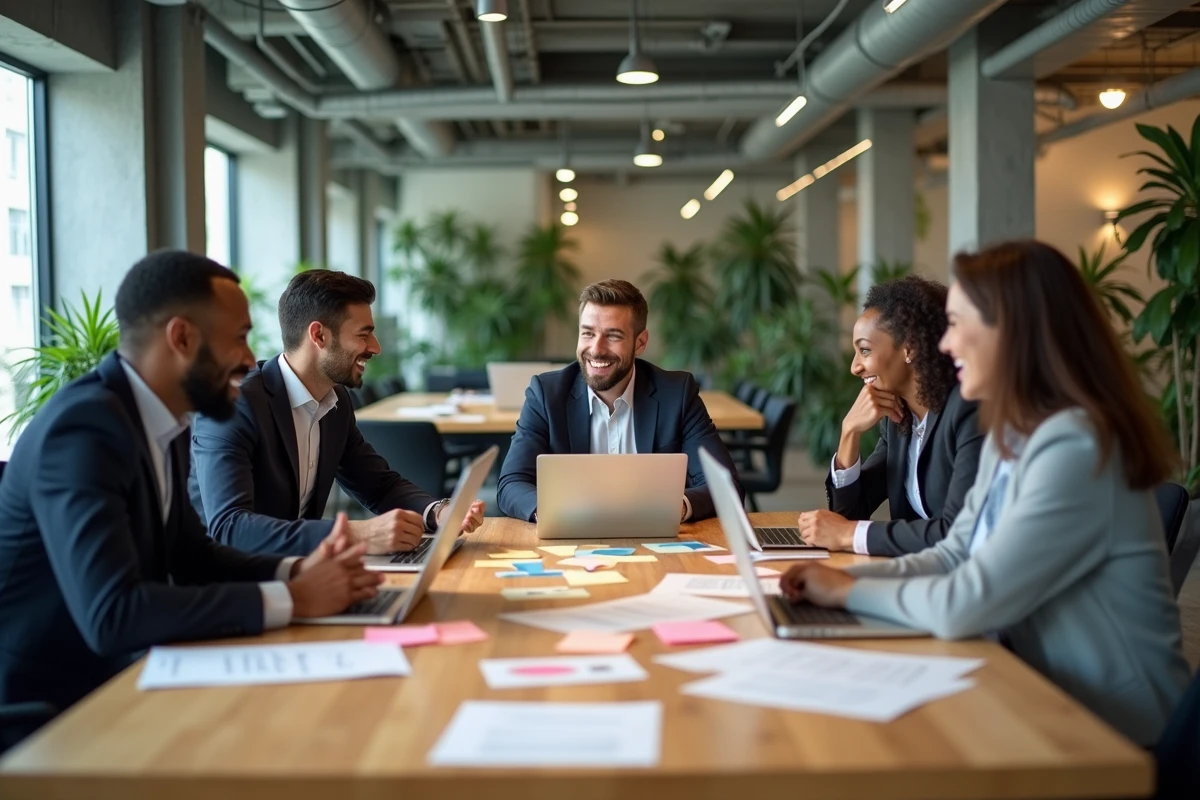 Équipe de collaborateurs réunie autour d'une table de réunion moderne pour fédérer et co-construire une stratégie d'entreprise