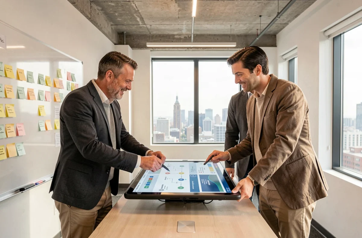 Équipe de professionnels collaborant autour d'un portail métier sur tablette dans une salle de réunion moderne