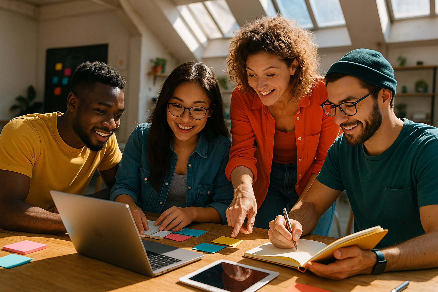 Groupe de freelances collaborant dans un espace créatif lumineux