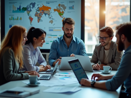 Marketing interactif : mesurer l’efficacité des stratégies actuelles Equipe marketing diverse analysant des données autour d'une table