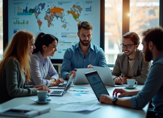 Marketing interactif : mesurer l’efficacité des stratégies actuelles Equipe marketing diverse analysant des données autour d'une table