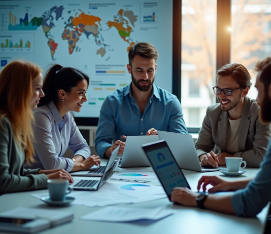 Marketing interactif : mesurer l’efficacité des stratégies actuelles Equipe marketing diverse analysant des données autour d'une table