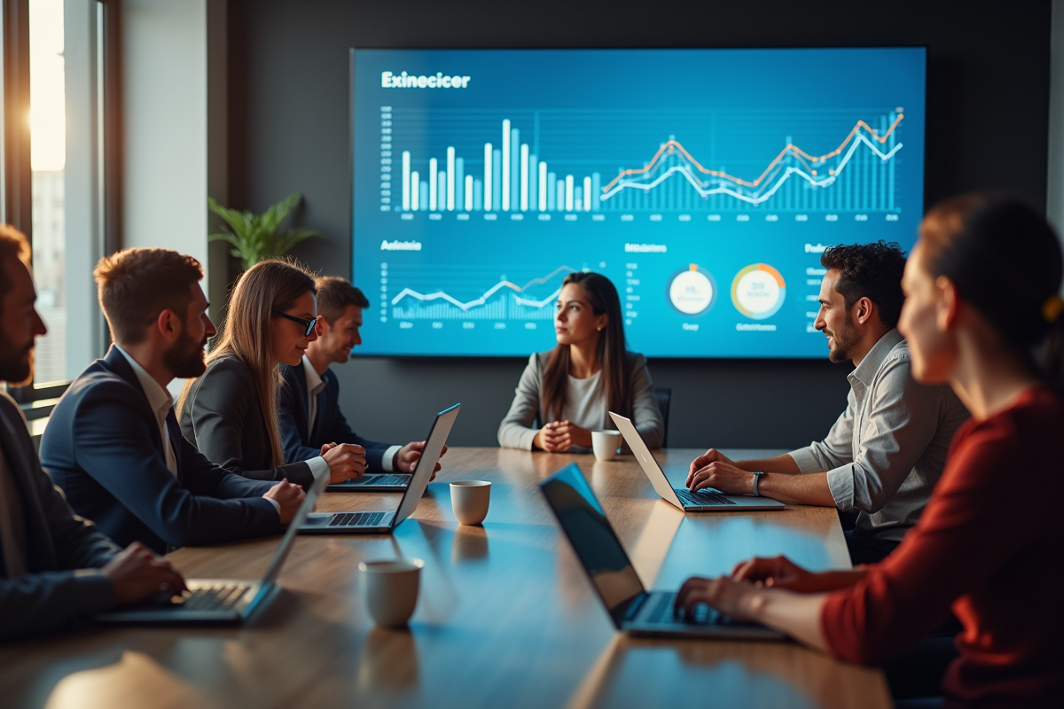 Groupe de marketeurs strategisant avec analytics sociaux
