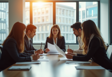 Groupe de professionnels dans un bureau lumineux pour l'article sur salaire