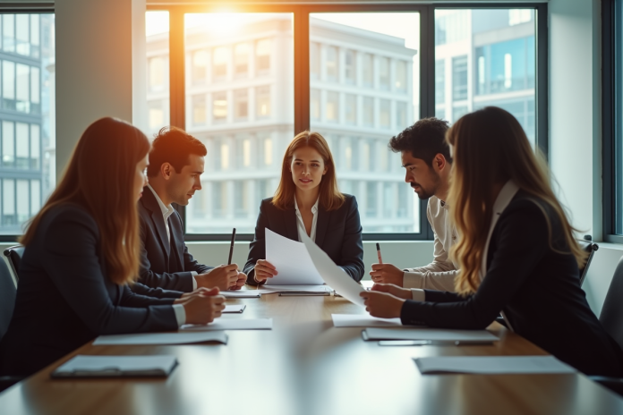 Groupe de professionnels dans un bureau lumineux pour l'article sur salaire