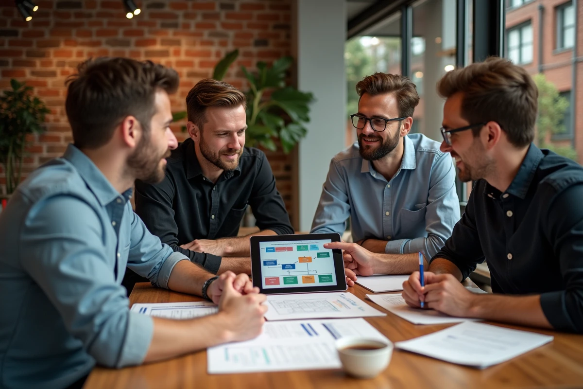 Groupe de jeunes professionnels discutant stratégie en coworking