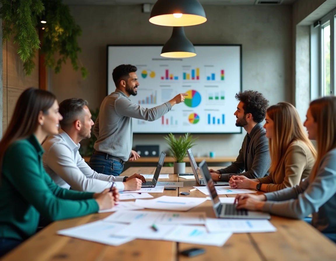 Équipe marketing en réunion stratégique autour d'un tableau de bord RSE et communication impact consommateur dans un bureau contemporain
