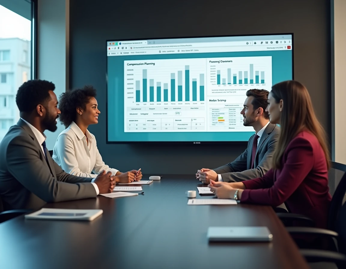 Équipe RH en réunion de planification de la rémunération des stagiaires 2026 autour d'un tableau de bord financier