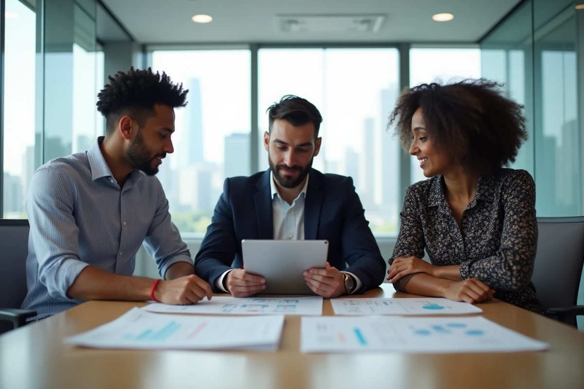 Équipe multiculturelle discutant d'une stratégie de support client multilingue autour d'une table de réunion avec des documents de localisation
