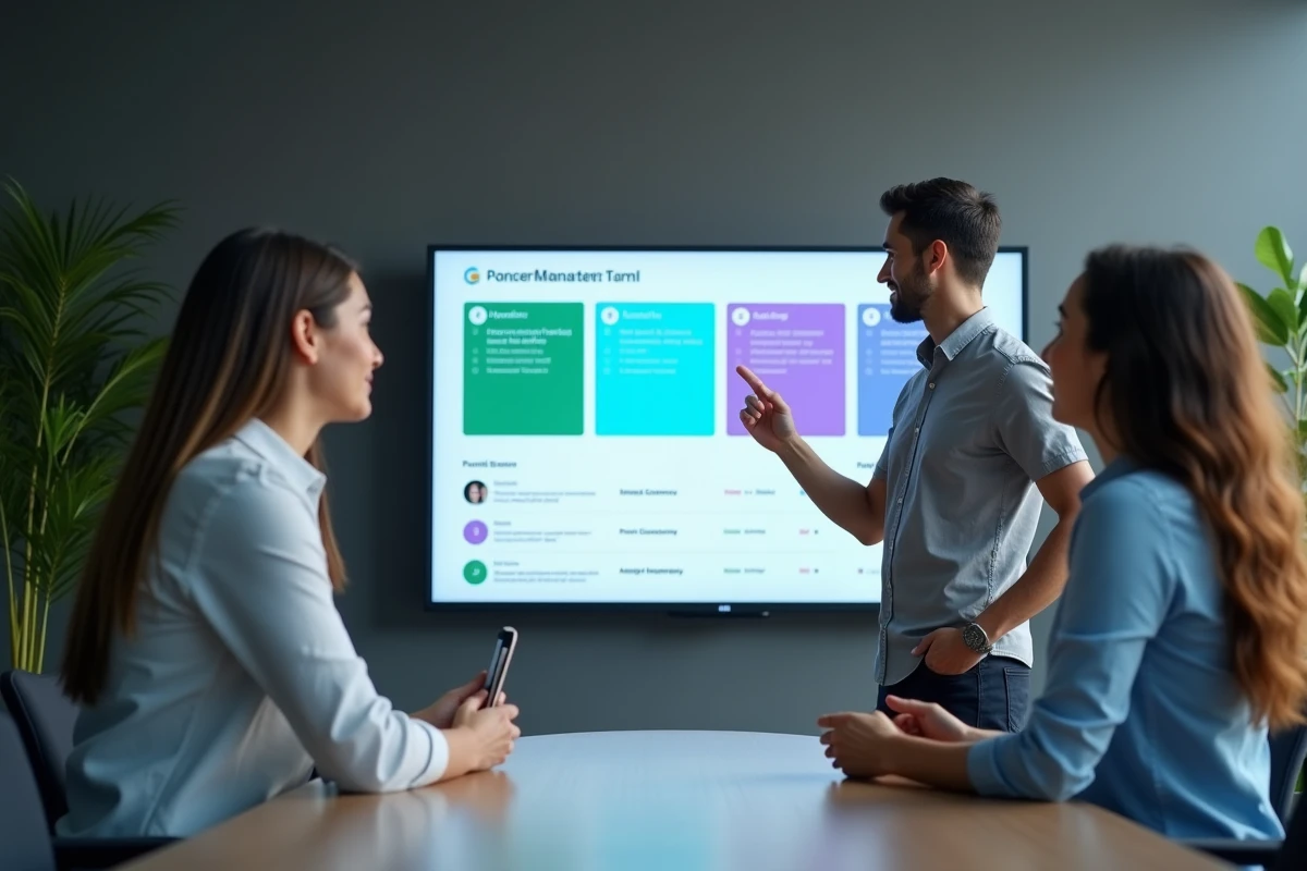 Équipe collaborant autour d'un tableau de bord numérique de suivi des rôles avec le logiciel PROROLE