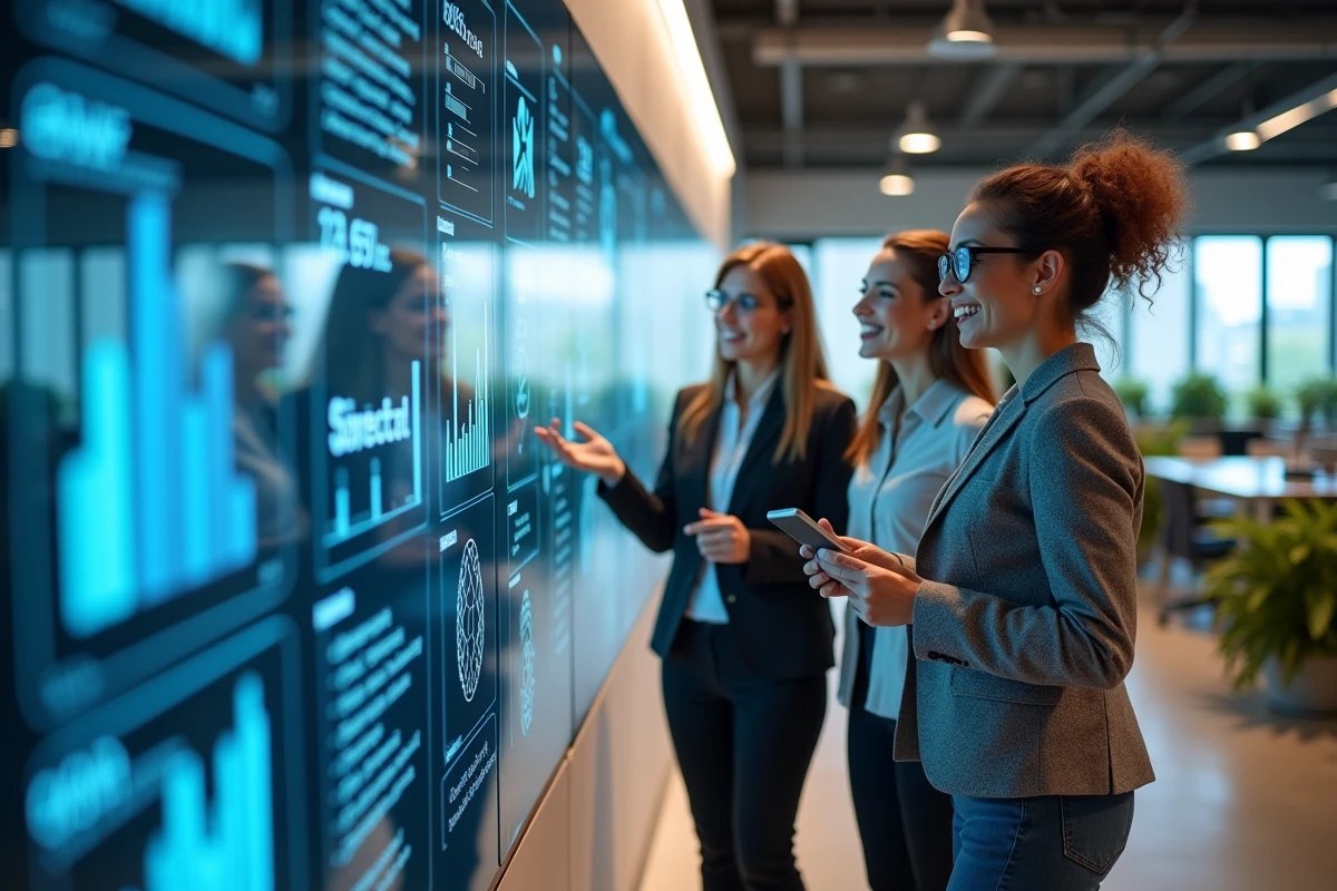 Groupe de trois professionnels technologiques discutant devant un mur d