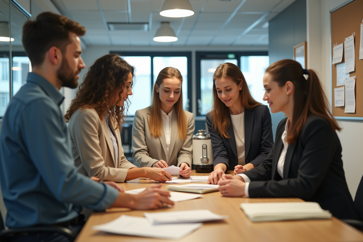 Equipe diversifiee prepare le courrier dans une salle de pause