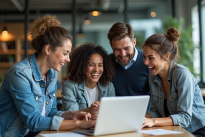 Groupe de jeunes professionnels autour d'un ordinateur en coworking