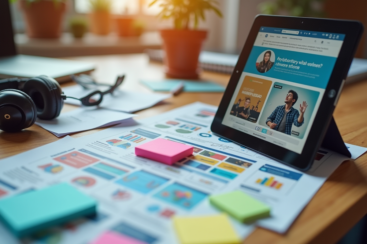 Espace de travail créatif avec smartphone et brochures marketing