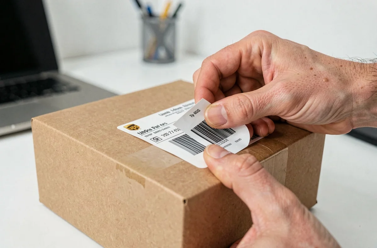 Gros plan sur l'application d'une étiquette d'expédition UPS sur un colis prêt à être envoyé