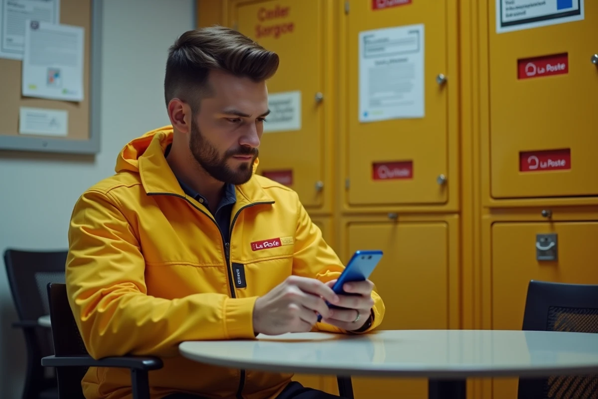 Facteur de La Poste consultant son espace personnel RH Ma Box RH sur smartphone dans une salle de pause