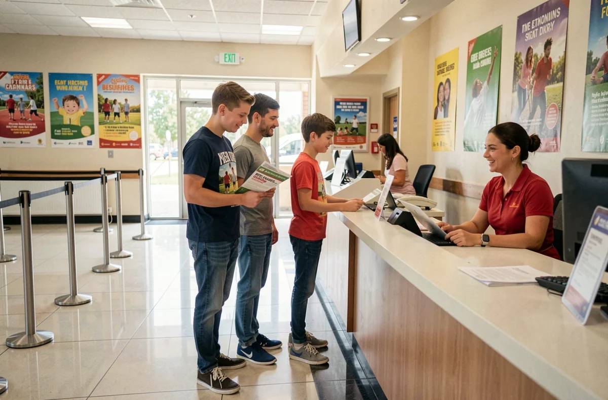 Famille utilisant des bons de réduction du comité d'entreprise à l'entrée d'un parc de loisirs