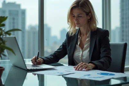 Femme d affaires concentrée analysant des documents financiers