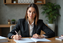Femme d'affaires concentrée dans un bureau élégant