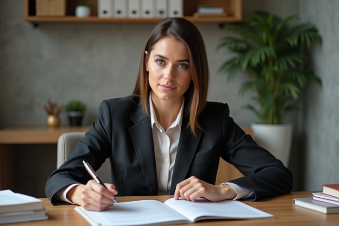Femme d'affaires concentrée dans un bureau élégant