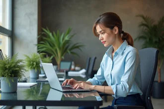 Femme d'affaires concentrée sur un ordinateur avec tableau PPC