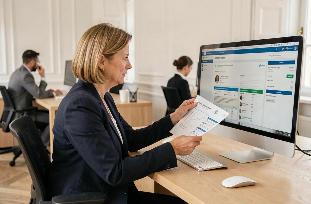 Femme d'affaires consultant un portail fiscal DGFiP sur ordinateur dans un bureau professionnel moderne