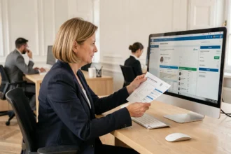 Femme d'affaires consultant un portail fiscal DGFiP sur ordinateur dans un bureau professionnel moderne