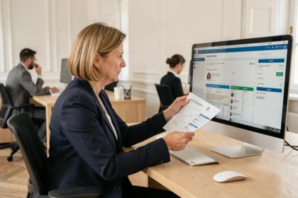 Femme d'affaires consultant un portail fiscal DGFiP sur ordinateur dans un bureau professionnel moderne