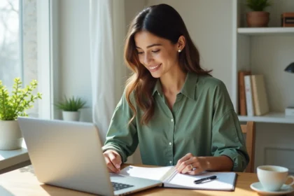 Femme utilisant un agenda numérique pour organiser son planning professionnel depuis un bureau à domicile