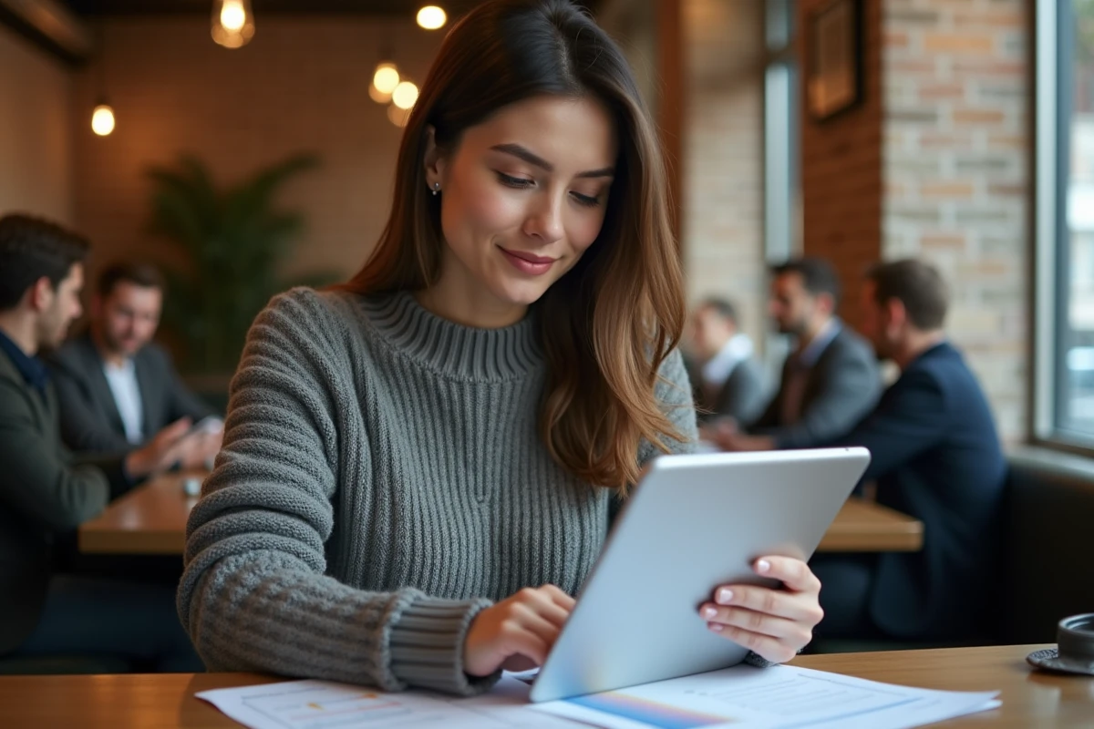 Jeune femme analysant des frais sur une tablette dans un café