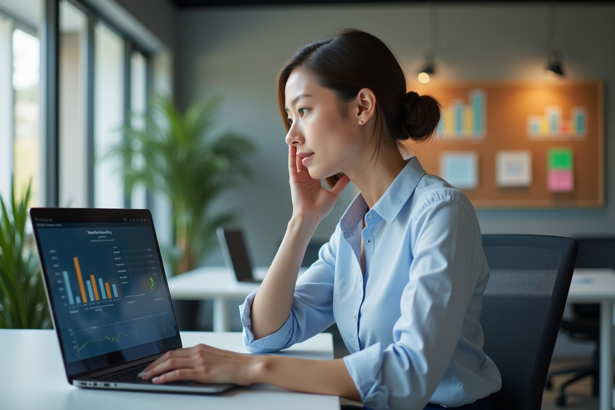 Jeune femme analysant des données marketing sur son ordinateur
