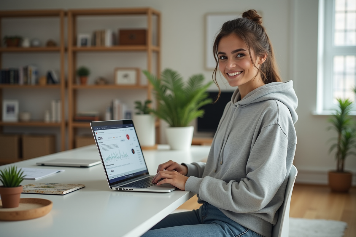 Jeune femme analysant ses statistiques Instagram dans un bureau lumineux