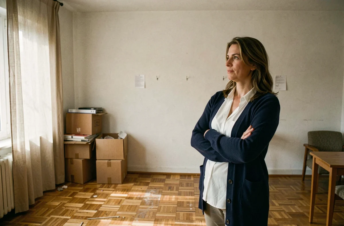 Femme dans un appartement en cours de déménagement après une séparation, symbolisant les effets collatéraux du divorce sur le logement et le quotidien