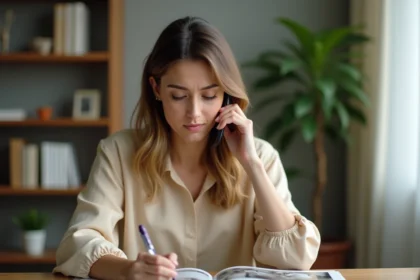 Femme au bureau consultant un magazine et appelant le service client ADL Partner sur son smartphone