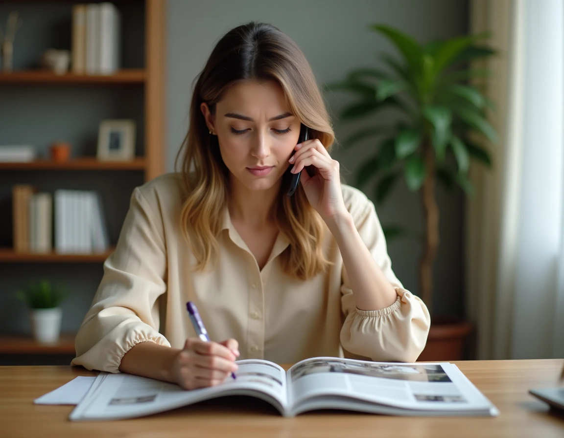 Femme au bureau consultant un magazine et appelant le service client ADL Partner sur son smartphone