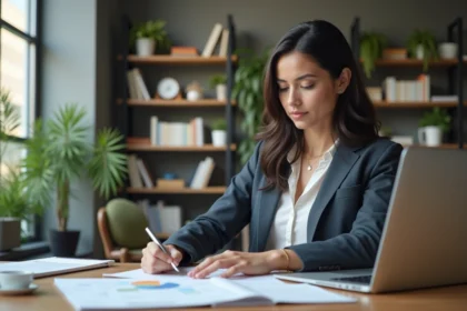 Femme professionnelle travaillant sur un bureau moderne en open space