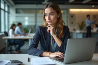 Femme en bureau regardant un calendrier sur son ordinateur