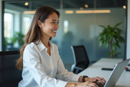 Femme professionnelle utilisant un tableau de bord CRM au bureau