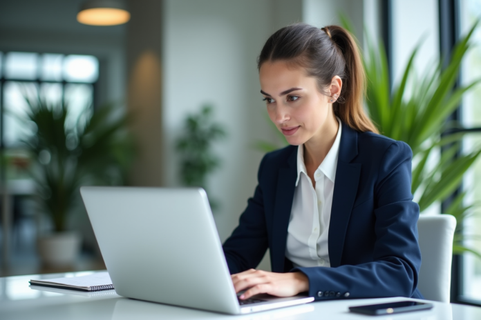 femme-bureau-crm Femme en blazer bleu travaillant sur un CRM au bureau